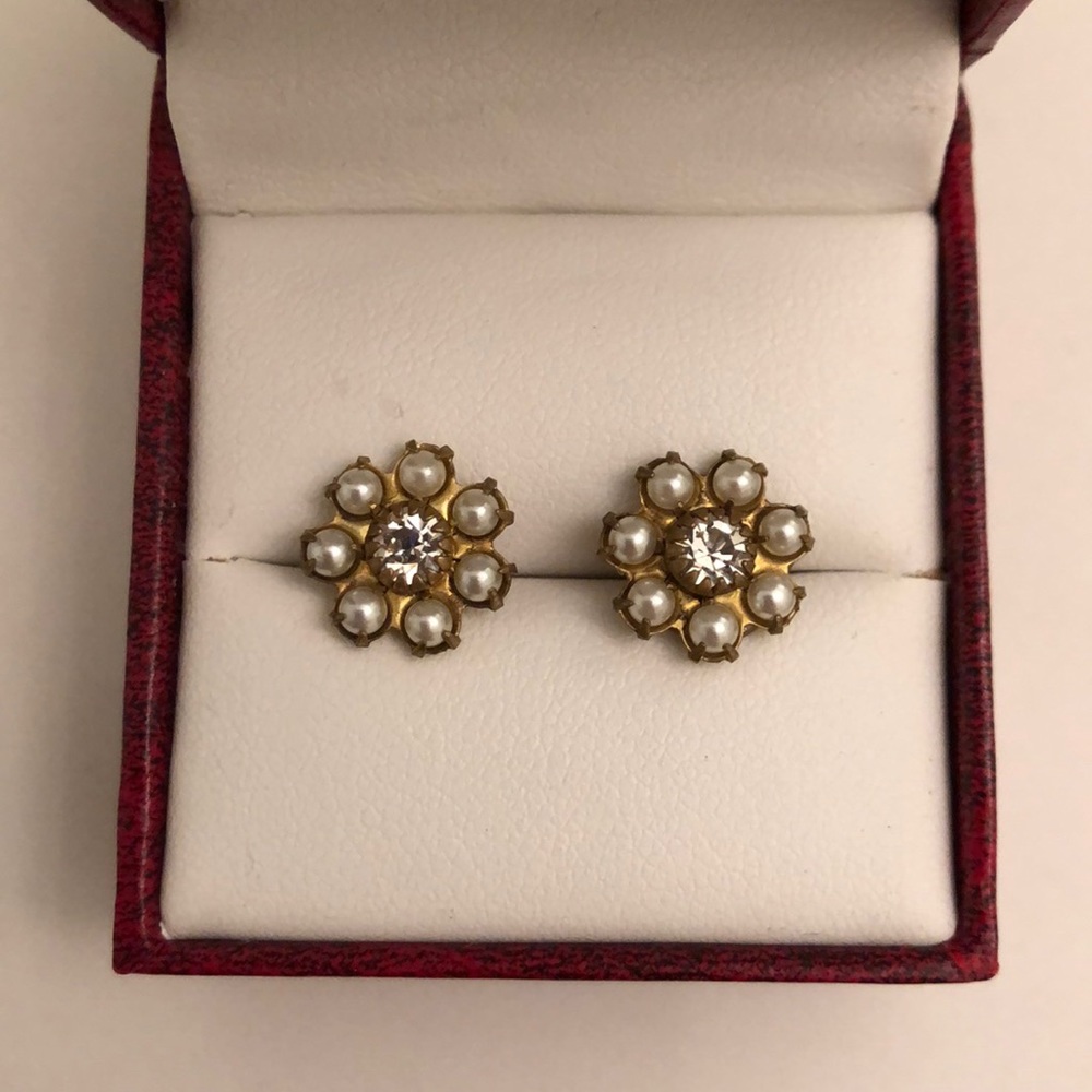 Anthropologie Pearl and Rhinestone Flower Stud Earrings